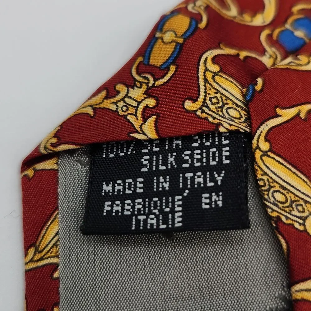 Fendi Cravatte 100% Silk Tie Men’s Burgundy Gold Equestrian Print Made in Italy